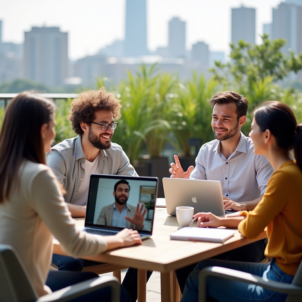 Small cohort of data analysts in a live video coaching session on laptops at an outdoor table