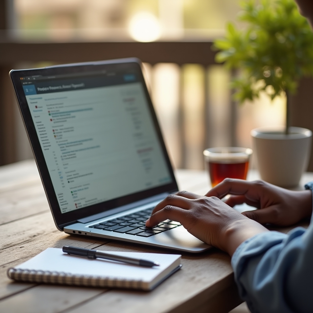 Close-up of hands reviewing annotated feedback on a laptop screen showing a client report draft