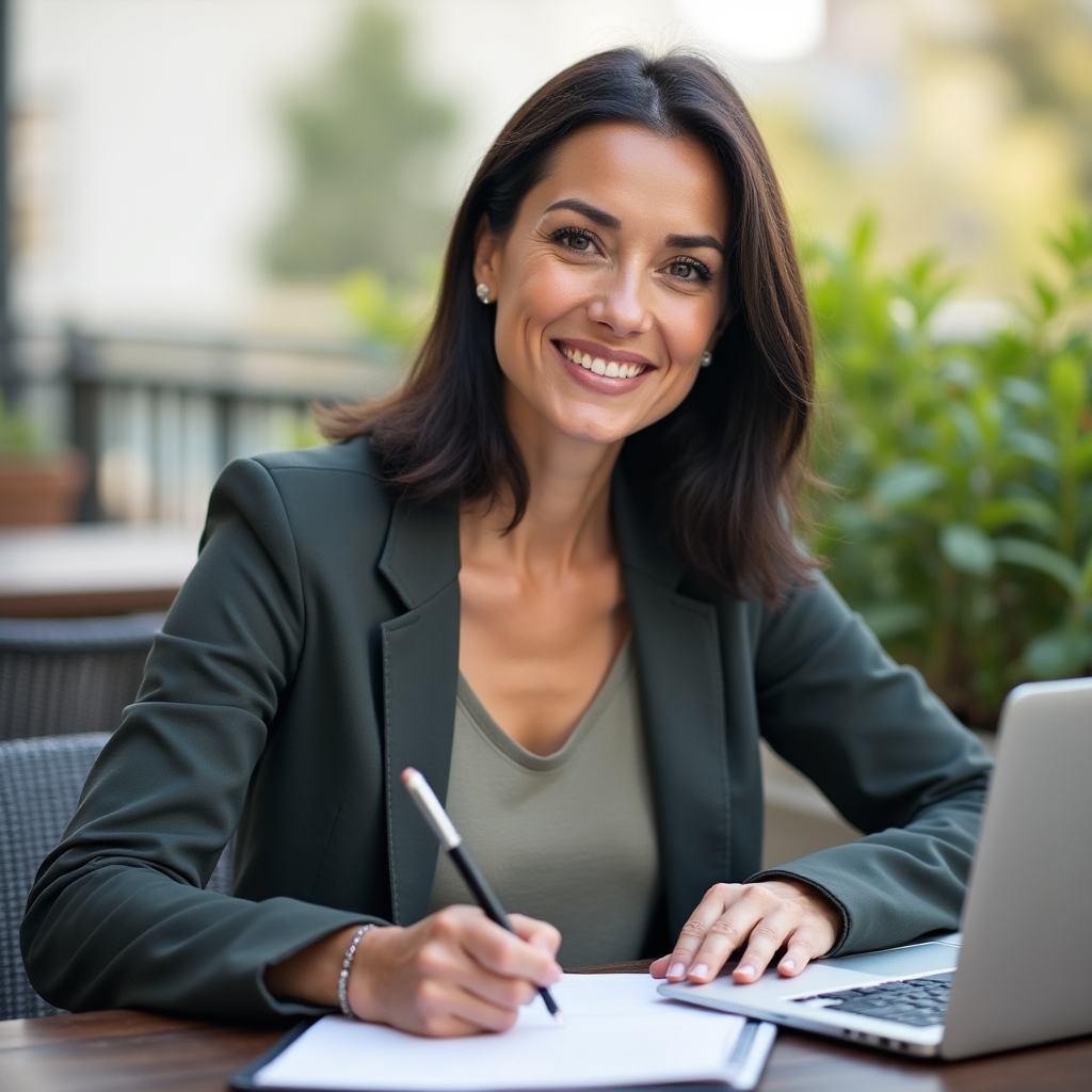Portrait of the program facilitator seated at an outdoor table with a laptop and notebook, smiling calmly