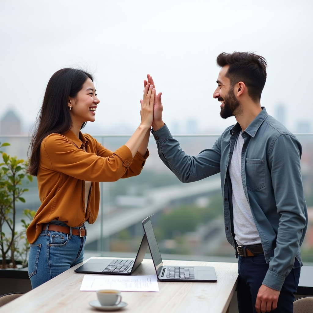 Two colleagues smiling and high-fiving after discussing a signed client agreement outdoors
