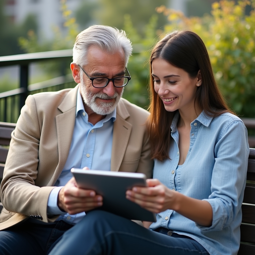 Mentor and analyst reviewing a proposal document together on a tablet outdoors