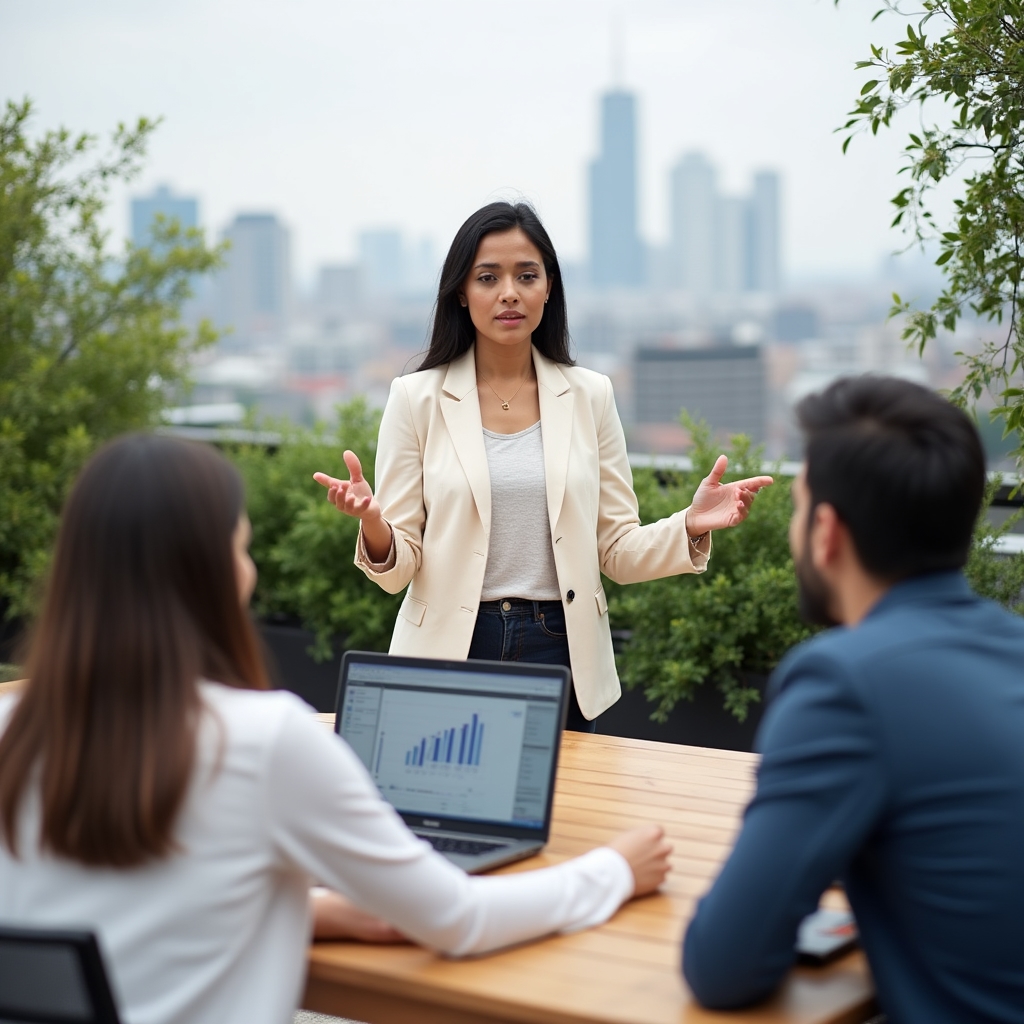 Independent data analyst presenting a business recommendation to two clients on an outdoor terrace workspace