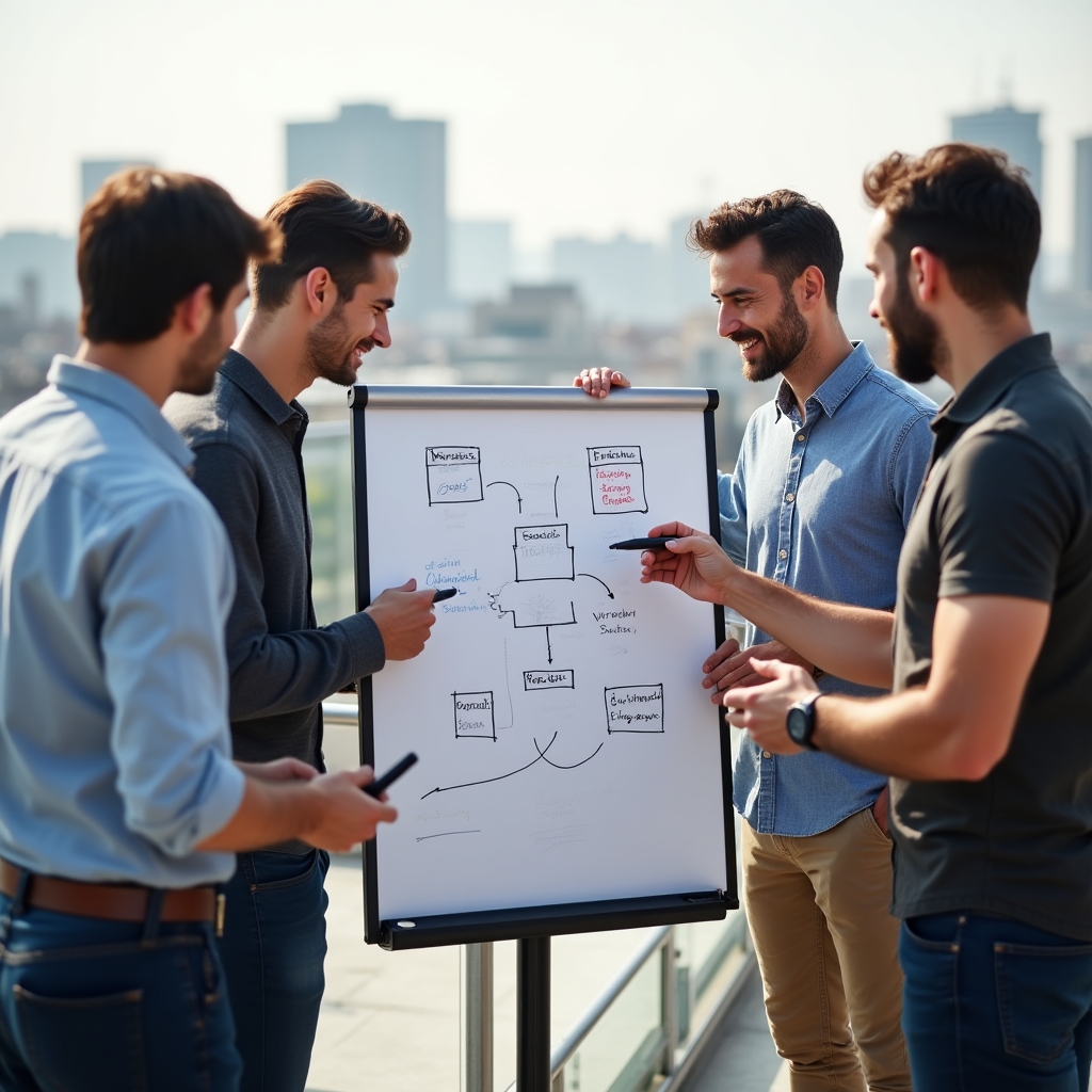 Group of analysts gathered around a whiteboard outdoors mapping out an engagement structure framework